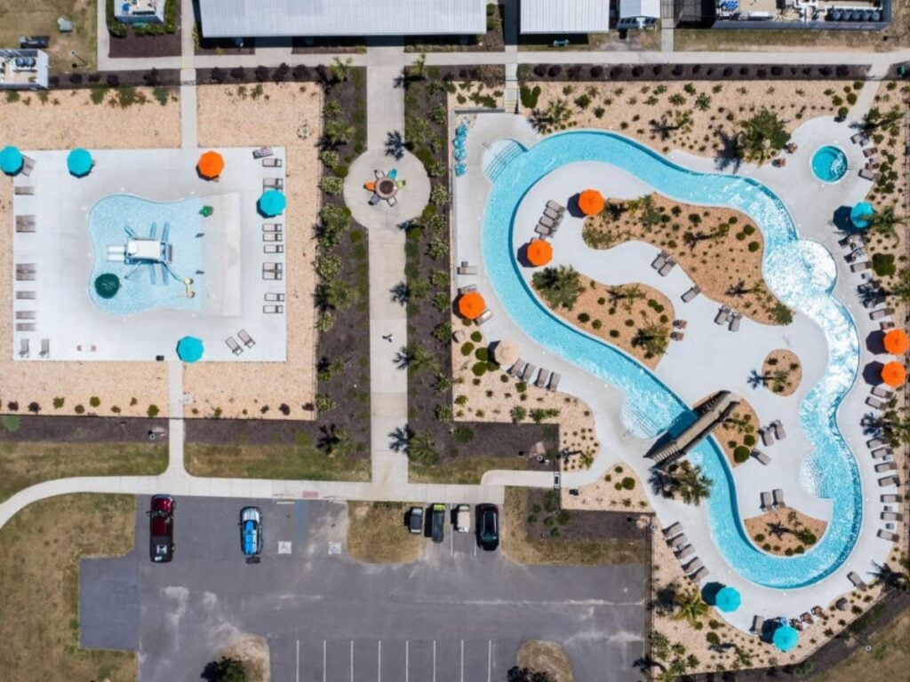 Aerial view of pools at CreekFire RV Resort.