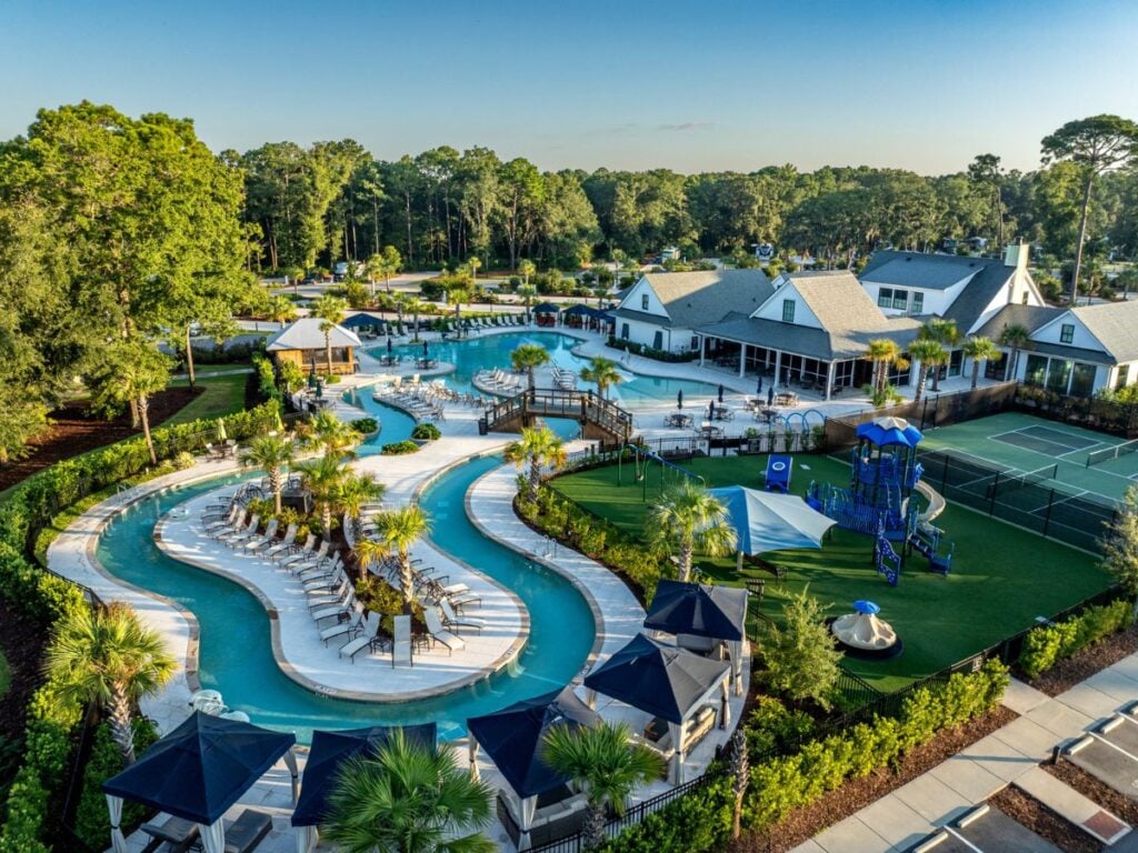 Aerial view of Hilton Head National RV resort pool.