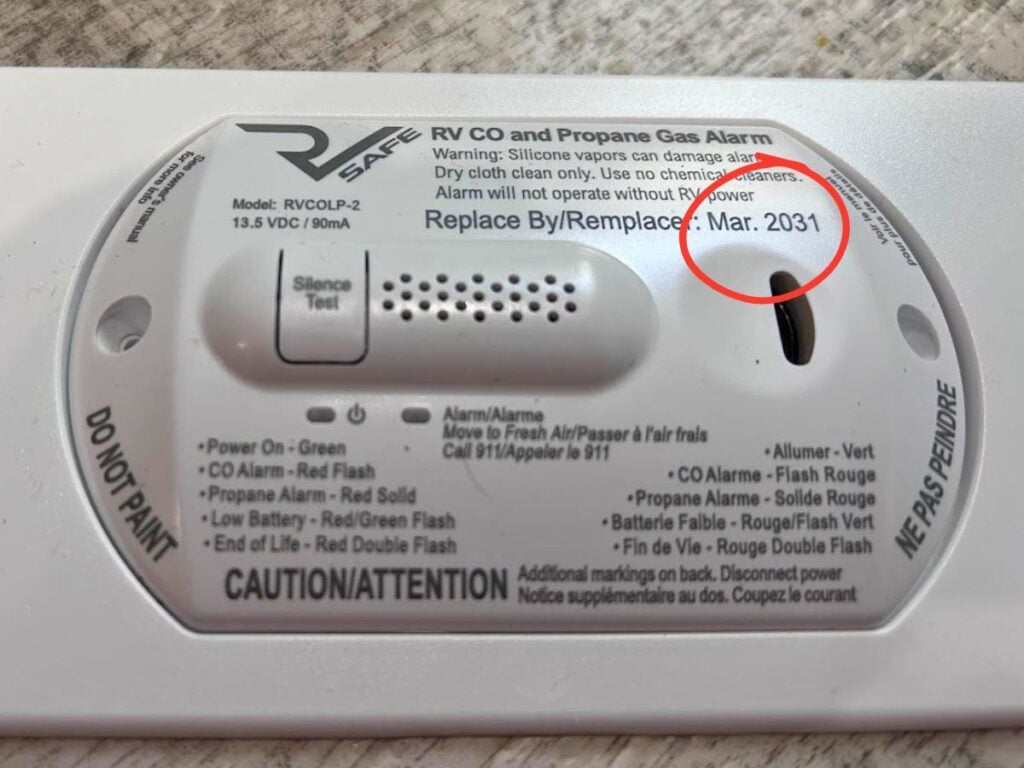 Expiration date circled on an RV gas detector. 