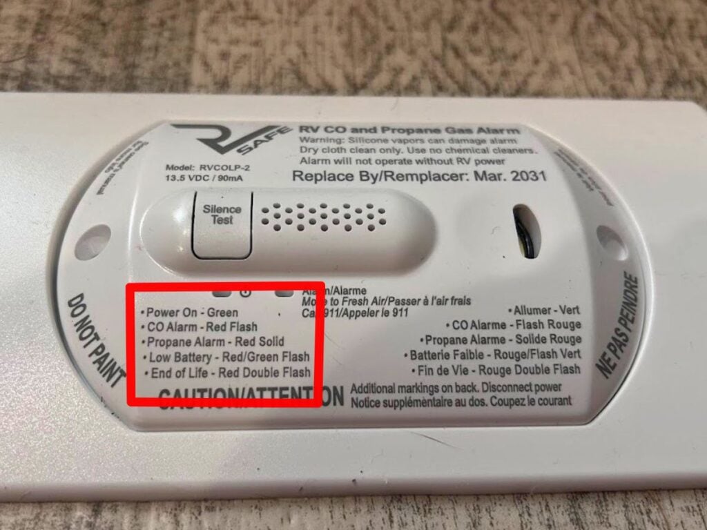 Alarm indicators on RV gas detector