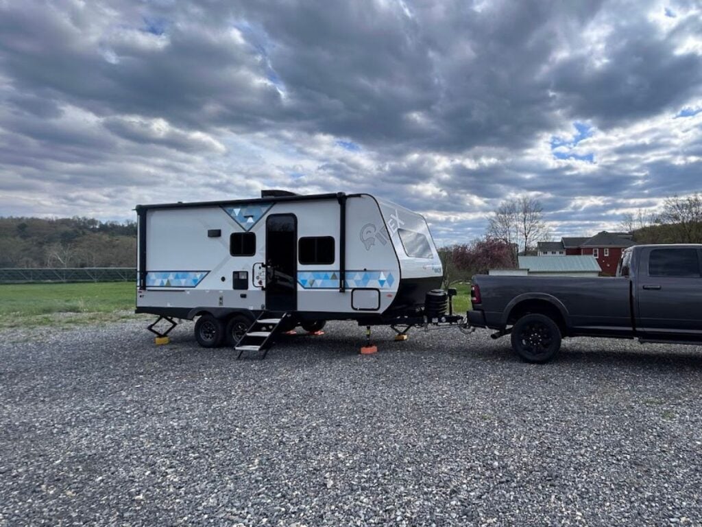 Hitched up travel trailer RV