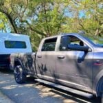 Truck towing travel trailer