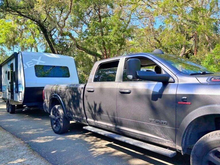 Truck towing travel trailer